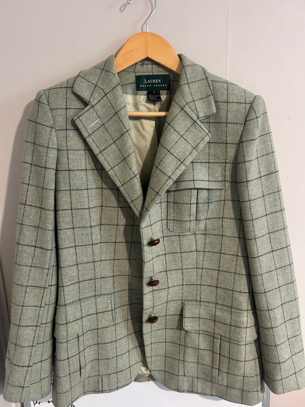 Lauren Ralph Lauren Light Gray Windowpane Plaid Blazer Vintage